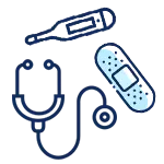 A cartoonish stethoscope, thermometer and bandage
