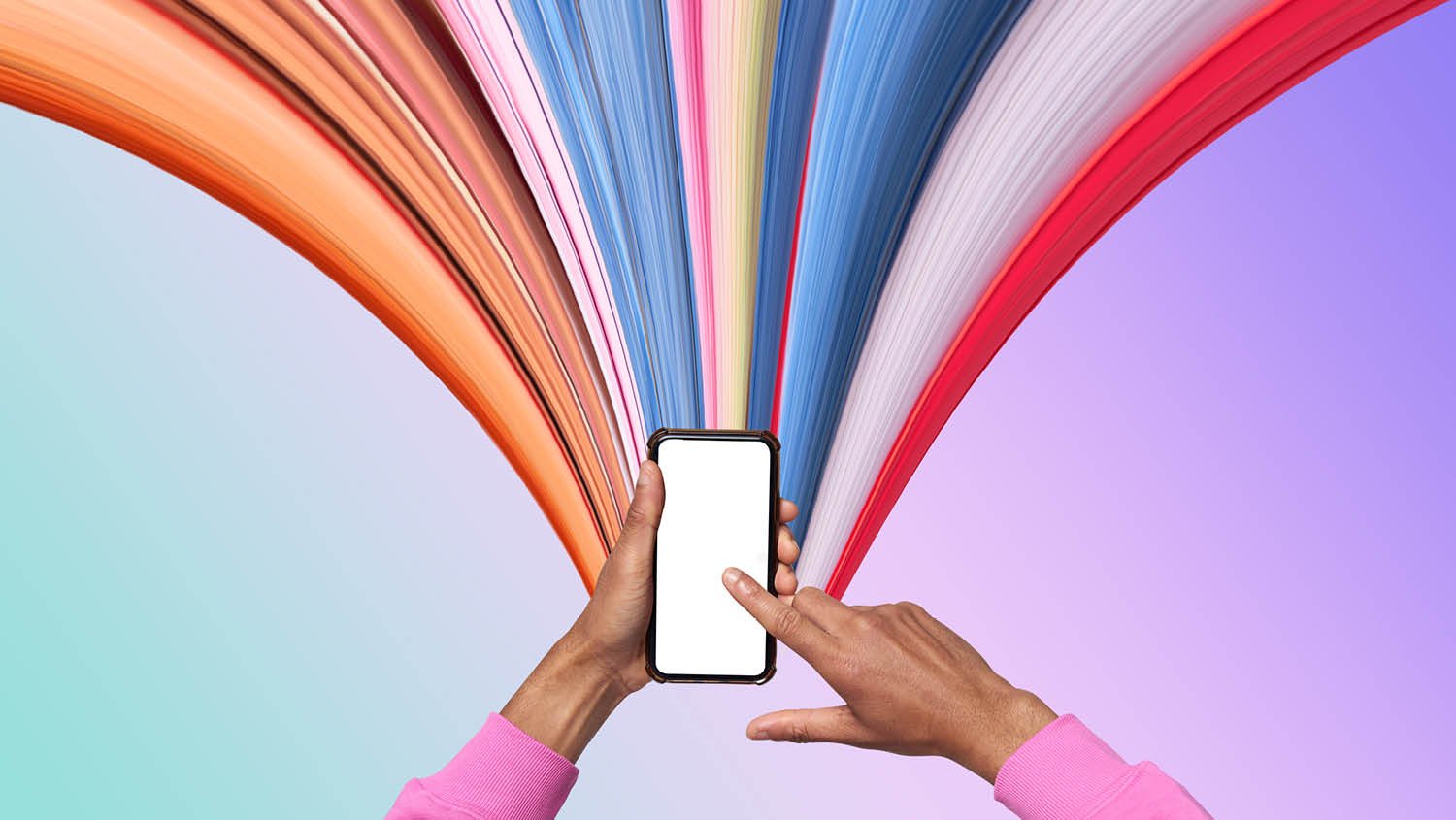 Holding a cellphone with colored bands rising from it