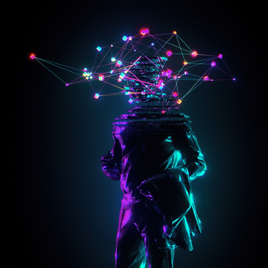 Person with a glowing neural network of boxes encircling head