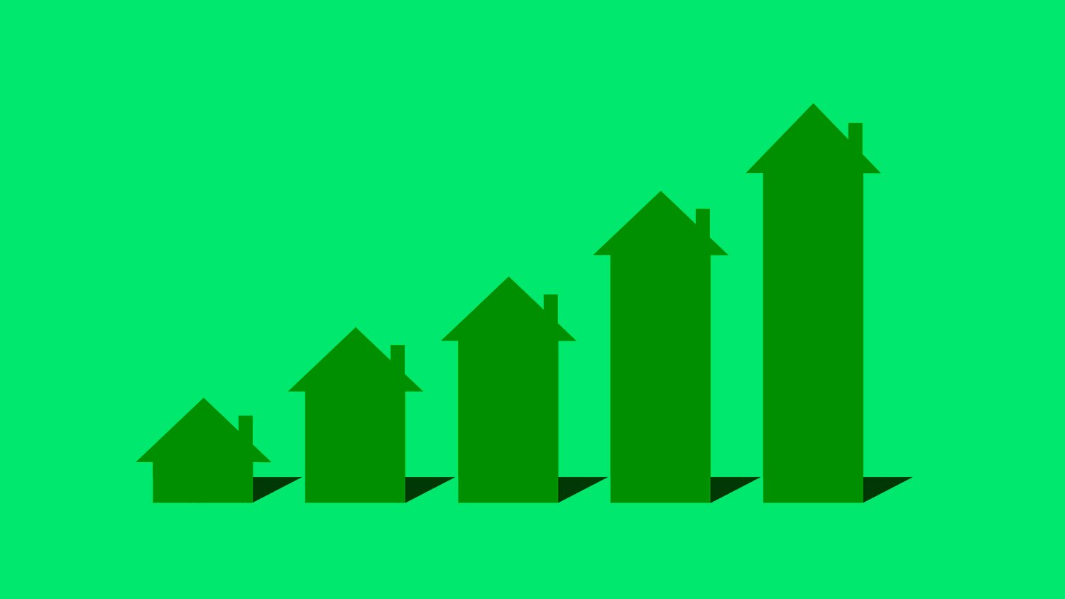 A rising bar graph made of house symbols