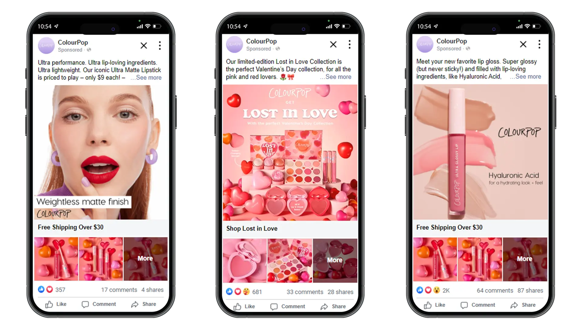 Mobile phone screens with ads for ColourPop