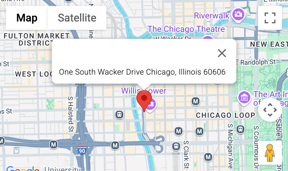 Map marking Rise - Chicago location at One South Wacker Drive, Chicago, IL 60606