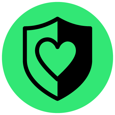 Shield with a heart icon on a green background