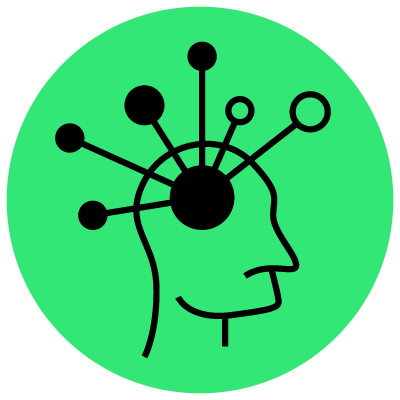 Human head with cogwheel nodes icon on green background
