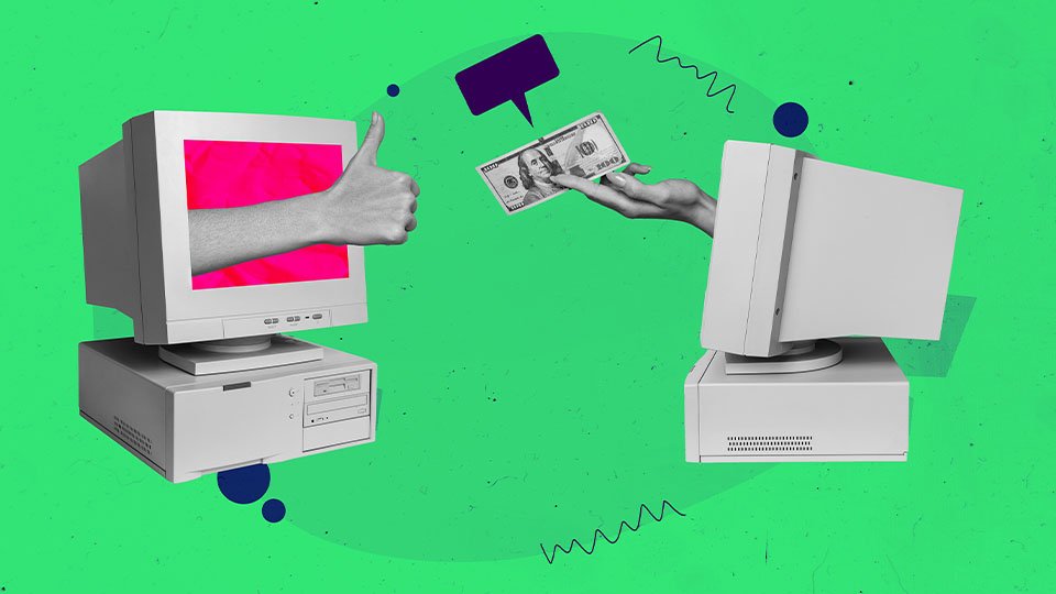 Hands reaching through CRT monitors offering payment with a "thumbs-up" gesture