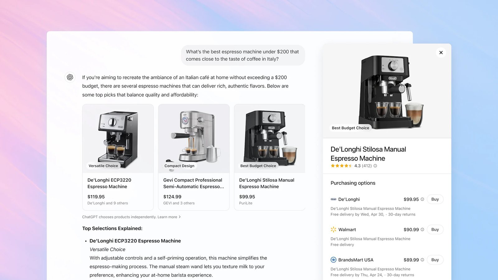 Three product search examples in ChatGPT for an espresso machine. Image created by OpenAI.